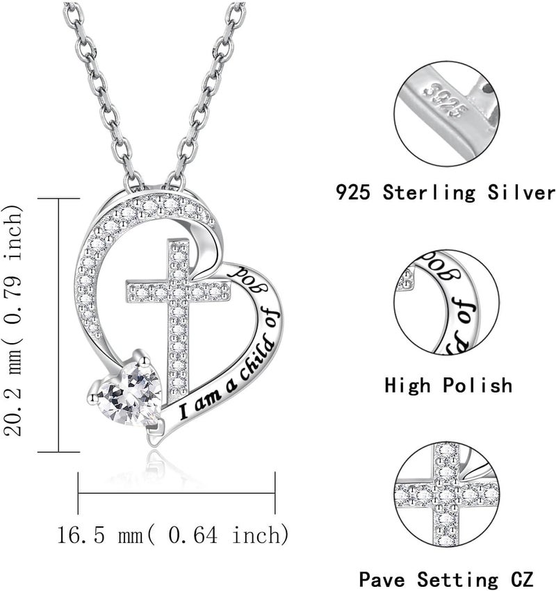 MANBU Sterling Silver Cross Necklace for Girls: Heart Birthstone I am a Child of God Pendant Religious Jewelry Baptism First Communion Confirmation Gifts for Teens - Image 4